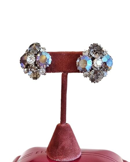 Large 1960s Vintage Round Aurora Borealis And Clear Rhinestone Clip Earrings Signed Weiss - product images  of 