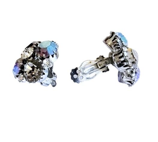 Large 1960s Vintage Round Aurora Borealis And Clear Rhinestone Clip Earrings Signed Weiss - product images  of 