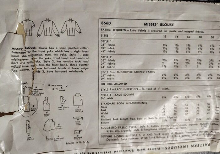Vintage 1950s Fitted Blouse Sewing Pattern With A Collar  And Yoke Front 3 Sleeve Styles Simplicity 3660 Bust 38 Larger Size - product images  of 