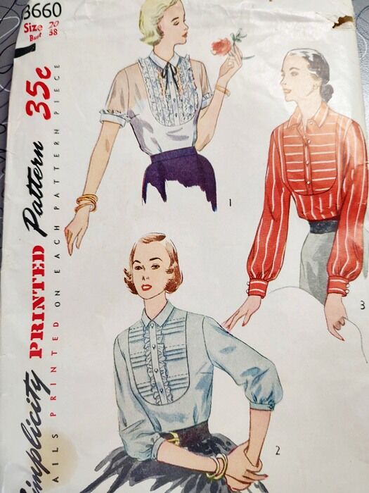 Vintage 1950s Fitted Blouse Sewing Pattern With A Collar  And Yoke Front 3 Sleeve Styles Simplicity 3660 Bust 38 Larger Size - product images  of 