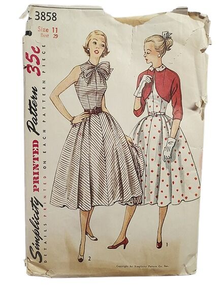 True Vintage 1950s Sewing Pattern For A Very Full Skirted Sleeveless Dress With  A Short Bolero Jacket Simplicity 3858 XS - product images  of 