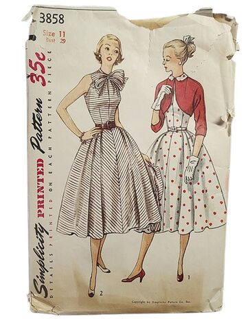 True,Vintage,1950s,Sewing,Pattern,For,A,Very,Full,Skirted,Sleeveless,Dress,With,Short,Bolero,Jacket,Simplicity,3858,XS,1950s full skirted fit and flare dress and jacket sewing pattern, 1950s vintage dress sewing patterns, extra small dress pattern 1950s, 1950s circle skirt dress and jacket pattern 1950s