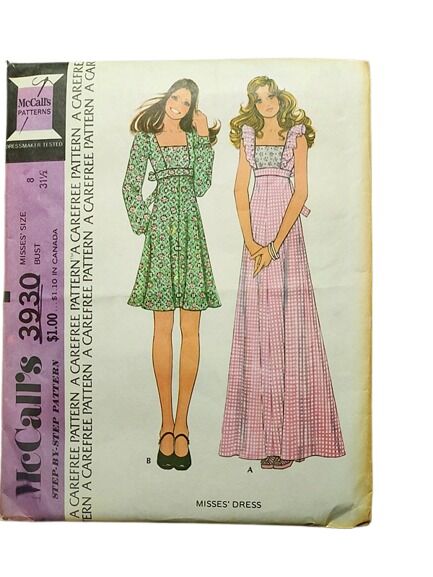 Never Used 1970s Vintage Sewing Pattern A High Waisted Baby Doll Peasant Style Short Or Maxi Dress McCall's 3990 Bust 31 1/2 - product images  of 