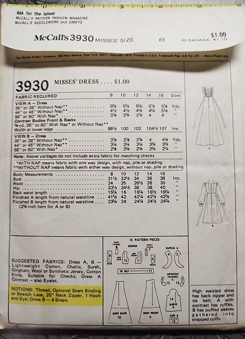 Never Used 1970s Vintage Sewing Pattern A High Waisted Baby Doll Peasant Style Short Or Maxi Dress McCall's 3990 Bust 31 1/2 - product images  of 