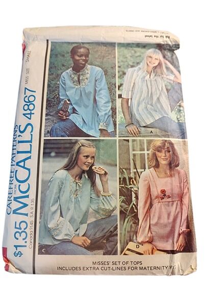 Never Used 1970s Vintage Sewing Pattern For Different Styles Of Loose Fitting Peasant Blouses Tops McCall's 4867 Small - product images  of 