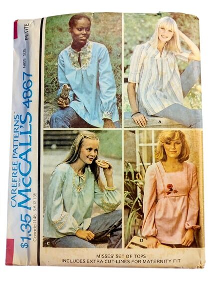 Vintage 1970s Never Used Sewing Pattern For Several Styles Of Peasant Loose Fitting Blouses Tops McCall's Size Petite Small - product images  of 