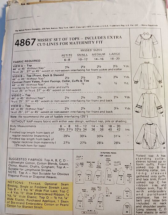 Vintage 1970s Never Used Sewing Pattern For Several Styles Of Peasant Loose Fitting Blouses Tops McCall's Size Petite Small - product images  of 