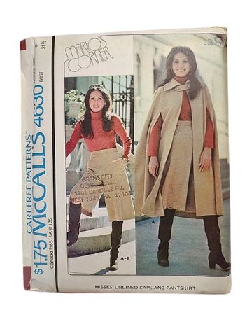 Unused,1970s,Vintage,Sewing,Pattern,For,A,Long,Cape,And,Pant,Skirt,Culottes,McCall's,Marlo's,Corner,4630,Bust,31,1/2,1970s unused marlos corner sewing pattern cape and split skirt culottes #4630, marlo thomas sewing pattern vintage 70s, 1970s never used pattern for a pant skirt culottes and long cape, seventies vintage patterns, vintage patterns from another time vintag