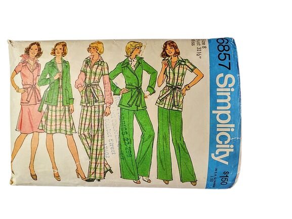 Never Used Original 1970s Vintage Sewing Pattern For A Wrap Jacket Flared Skirt And Wide Leg Pants Ensemble Simplicity 6857 Bust 31 1/2 - product images  of 