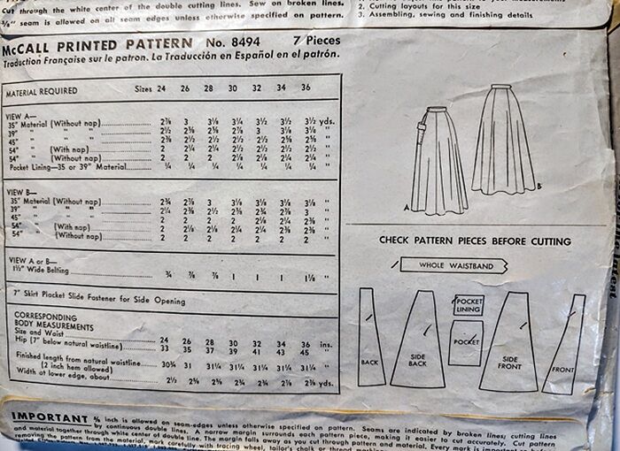 Early 1950s Vintage Sewing Pattern For A Long Flared Skirt With Pockets McCall's 8494 Waist 28 - product images  of 