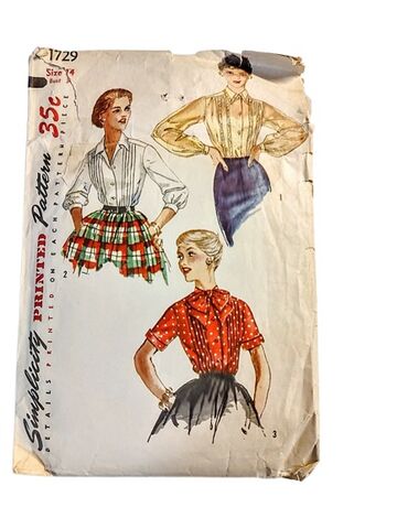 Original,1950s,Vintage,Sewing,Pattern,For,3,Styles,Of,Fitted,Blouses,Tops,Simplicity,Bust,34,mid 1950s sewing pattern for styles of blouses tops, vintage 1950s simplicity fitted top blouse pattern, vintage blouse, vintage top, vintage patterns another time vintage apparel, 1950s vintage clothing, vintage secretary blouse pattern, mid century blou