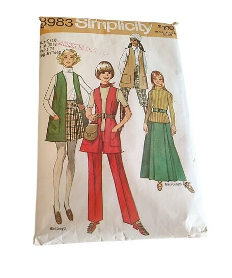 Original Vintage 1970s Simplicity Sewing Pattern For Vests Mini and Maxi Skirts And Wide Leg Pants Small B 30 1/2 #8983 - product images  of 