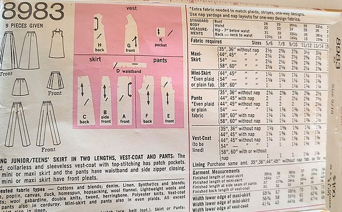 Original Vintage 1970s Simplicity Sewing Pattern For Vests Mini and Maxi Skirts And Wide Leg Pants Small B 30 1/2 #8983 - product images  of 