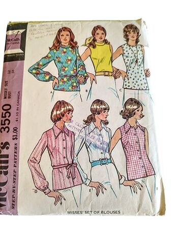 Original,1970s,True,Vintage,Sewing,Pattern,For,Different,Styles,Of,Blouses,Shirts,Long,Or,Short,Sleeves,McCalls,3550,Bust,34,1970s vintage mccalls sewing pattern for fitted different styles of blouses, patterns form the 70s, 1970s top shirt pattern long sleeveless styles, vintage blouse, vintage tops, 1970s blouses, 1970s tops, 1970s shirts, vintage clothing, patterns from anot