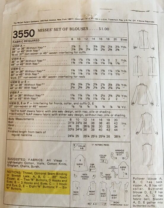 Original 1970s True Vintage Sewing Pattern For Different Styles Of Blouses Shirts Long Or Short Sleeves McCalls 3550 Bust 34 - product images  of 