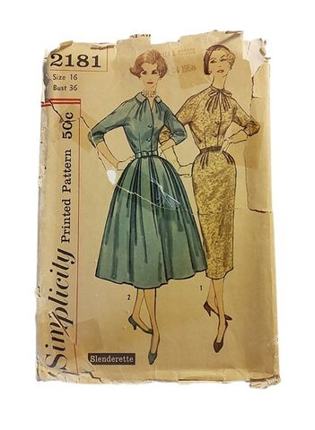 Authentic,1950s,Vintage,Sewing,Pattern,For,Slim,Fitted,Or,Full,Skirted,Shirtwaist,Dress,Simplicity,2181,Bust,36,1950s simplicity pattern for a wiggle dress or fit and flare shirtwaist dress, vintage 1950s sewing patterns, vintage patterns from another time vintage apparel, 1950s slim dress. 1950s fit and flare dress, DIY dress, vintage dresses, vintage wiggle dress