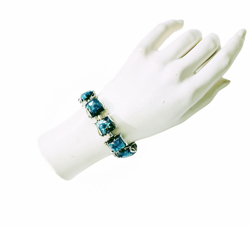 Vintage 1960s Coro Bright Turquoise Blue Confetti Lucite Square Link Bracelet And Earrings Set  - product images  of 