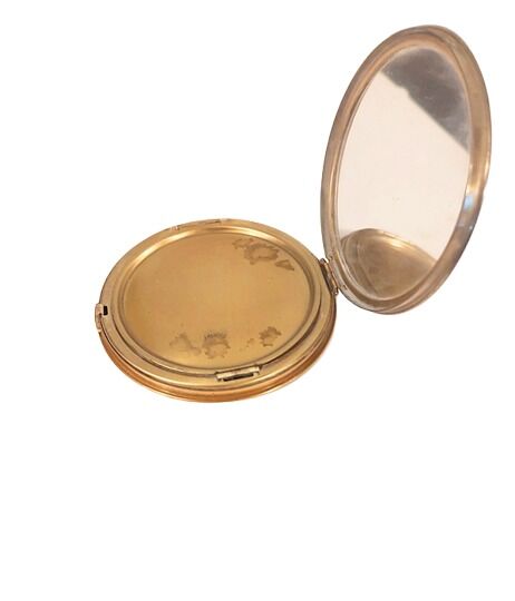 Vintage 1950s Pale Peach Enameled Metal Powder Compact With Clover Shamrock Designs - product images  of 