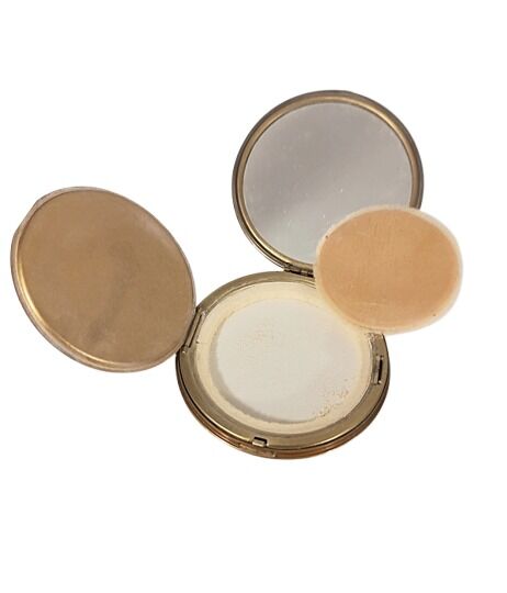 Vintage 1950s Pale Peach Enameled Metal Powder Compact With Clover Shamrock Designs - product images  of 