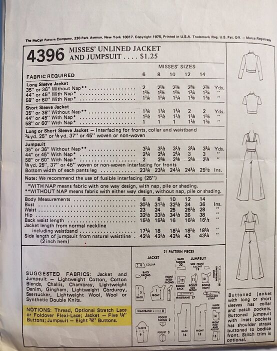 Unused 1970s Vintage Marlos Corner Sewing Pattern For A Wide Leg Bell Bottom Jumpsuit And Cropped Jacket McCall's 4396 Bust 31 1/2 - product images  of 
