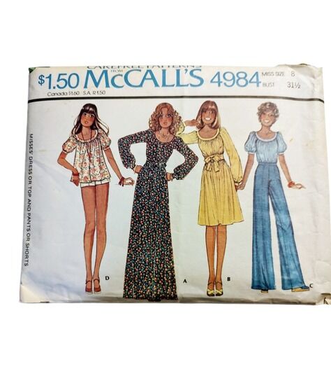 Original 1970s Unused Vintage Sewing Pattern Baby Doll Peasant Dress, Top, Short Shorts And Wide Leg Pants McCall's 4984 XS - product images  of 