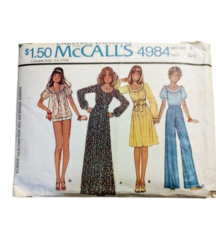 Original,1970s,Unused,Vintage,Sewing,Pattern,Baby,Doll,Peasant,Dress,,Top,,Short,Shorts,And,Wide,Leg,Pants,McCall's,4984,XS,Unused 1970s original sewing pattern peasant dress short shorts top and wide leg pants mccalls, 1970s vintage sewing patterns, vintage sewing patterns another time vintage apparel, never used true vintage 1970s sewing patterns, vintage baby doll top, vint
