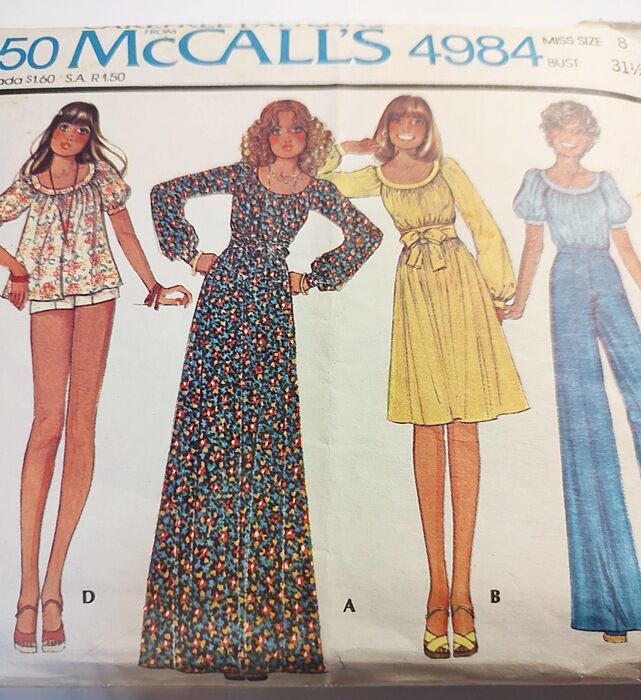 Original 1970s Unused Vintage Sewing Pattern Baby Doll Peasant Dress, Top, Short Shorts And Wide Leg Pants McCall's 4984 XS - product images  of 