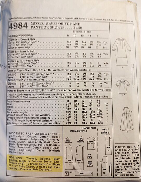 Original 1970s Unused Vintage Sewing Pattern Baby Doll Peasant Dress, Top, Short Shorts And Wide Leg Pants McCall's 4984 XS - product images  of 