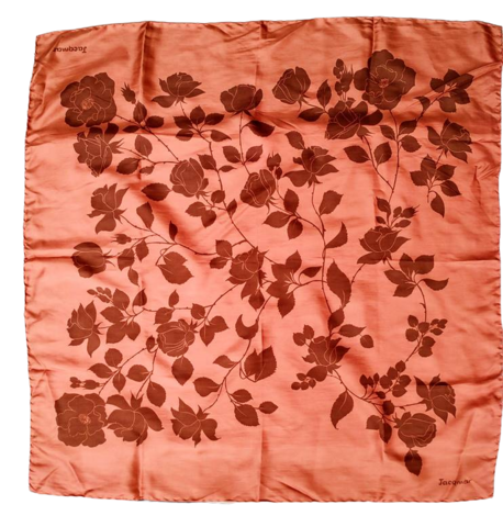 Large,1950s,Vintage,Copper,Rust,Designer,Scarf,With,Brown,Roses,Flowers,Signed,Jacqmar,1950s jacqmar brown flower scarf vintage, large silk 1950s rust scarf brown roses, designer vintage flower scarves, vintage jacqmar scarves, vintage 1950s silk scarves, large 1950s rust scarf with brown roses, 1950s scarves with roses, 1950s vintage desig