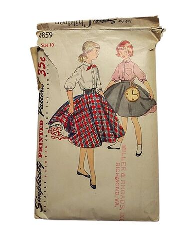 Authentic,1950s,Vintage,Sewing,Pattern,For,A,Very,Full,Circle,Skirt,And,Blouse,Girls,Or,Teens,Petites,Bust,28,Simplicity,4859,vintage 1950s circle skirt top blouse and petticoat sewing pattern, 1950s sewing pattern circle skirt, vintage sewing pattern another time vintage apparel, 1950s clothing, 1950s circle skirt, 1950s blouse top, 1950s petticoat slip, vintage circle skirt, v
