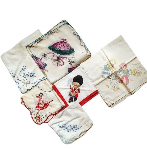 Group,Of,6,Assorted,1950s,Vintage,Cotton,Hankies,Children's,And,Novelty,Designs,group of 6 1950s vintage cotton hankies novelties, vintage 50 cotton printed hankies childs, novelty vintage hankies lot, hankies for sale from another time vintage apparel, 