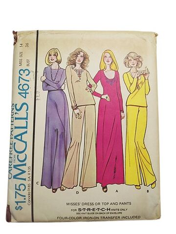 Unused,Authentic,1970s,Vintage,Sewing,Pattern,For,A,Long,Maxi,Dress,Or,Tunic,Top,And,Wide,Leg,Pants,Stretch,Knit,McCall's,4673,Bust,36,1970s unused vintage sewing pattern maxi dress tunic top wide pants mccalls 4673, true vintage 1970s never cut pattern for a slim maxi dress, tunic top and palazzo pants, disco style vintage pattern 1970s, 1970s sewing patterns, vintage maxi dress, vintag