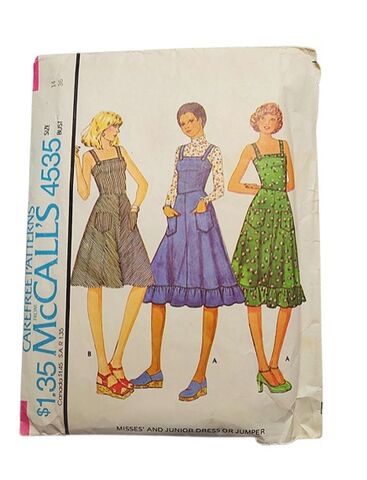 Vintage,Original,1970s,Sewing,Pattern,For,A,Fit,And,Flare,Sundress,Or,Jumper,With,Pockets,McCall's,4535,Bust,36,1970s vintage sewing pattern peasant boho sundress or jumper mccalls 4535, 1970s vintage sewing patterns, 1970s prairie look sundress or jumper patter, 1970s sundress, 1970s jumper, vintage sundress, vintage jumper, 1970s clothing, vintage clothing, vinta