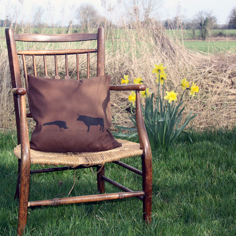 Cock,and,Bull,Story,Hand,Printed,Cushion,brown Cock and Bull cushion silk screen print