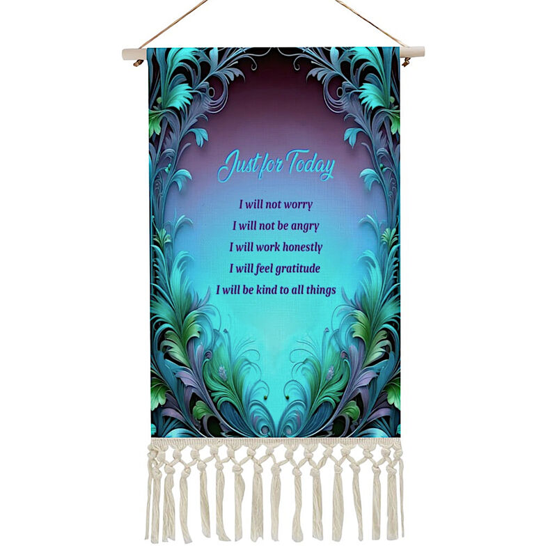 Reiki Principles Fringed Canvas Wall Hanging, Blue Purple Feathery Border Artwork - product images  of 