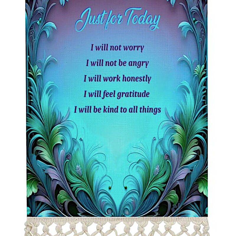 Reiki Principles Fringed Canvas Wall Hanging, Blue Purple Feathery Border Artwork - product images  of 