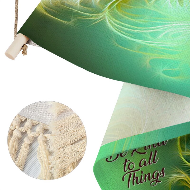 Inspirational Fringed Canvas Wall Hanging, Art Nouveau Green Feathery Foliage - product images  of 