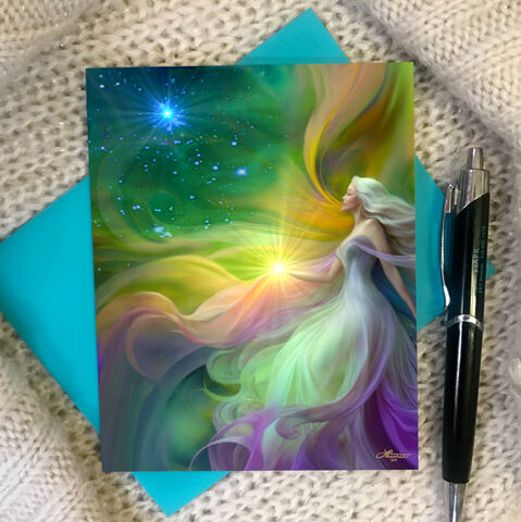 Aphrodite,Greek,Goddess,Collectible,Story,Card,,Rainbow,Fantasy,Art,Notecard,rainbow angel art, greeting cards, art notecards, angel art cards, art cards with envelopes, Primal Painter, metaphysical art, birthday card, thank you note