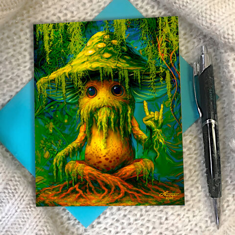 Rock,Star,Mushroom,Greeting,Card,–,Sporlock,,Funky,Forest,Sporeacles,Collection,rock star mushroom greeting card, Funky Forest Sporeacles, Sporlock card, mushroom illustration, playful mystical fungi, Primal Painter greeting card, psychedelic mushroom art, magical forest fungi, whimsical spiritual card, funny forest fungi