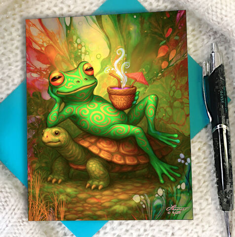 Frog,Riding,Turtle,Greeting,Card,,Sir,Sipsalot,,Collectible,Fantasy,Art,by,Primal,Painter,pyschedelic frog greeting card, Funky Forest artwork, Sir Sipsalot card, frog riding a turtle illustration, playful mystical amphibian, Primal Painter greeting card, psychedelic toad art, magical forest creatures, whimsical spiritual card, funny forest fr
