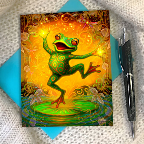 Whimsical,Dancing,Frog,Art,Greeting,Card,,Fun,Forest,Wisdom,pyschedelic frog greeting card, Funky Forest artwork, Sir Sipsalot card, dancing frog illustration, playful mystical amphibian, Primal Painter greeting card, psychedelic toad art, magical forest creatures, whimsical spiritual card, funny forest fr