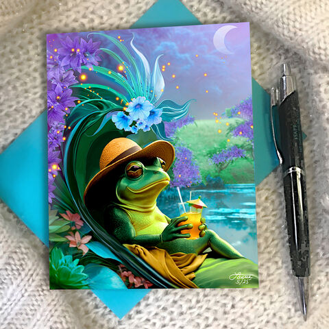 Happy,Hour,Frog,Art,Greeting,Card,,Humorous,Forest,Advice,Notecard,imaginative frog greeting card, Funky Forest artwork, Sir Sipsalot notecard, happy hour frog illustration, playful mystical amphibian, Primal Painter greeting card, psychedelic toad art, magical forest creatures, whimsical spiritual card, funny forest fr