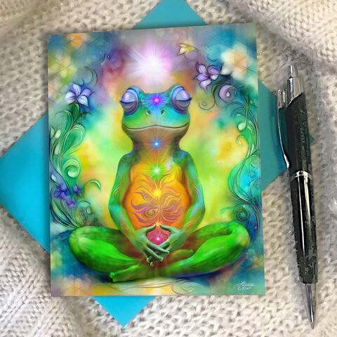 Meditating,Frog,Art,Greeting,Card,,Toadally,Zen,Notecard,by,Primal,Painter,meditation frog greeting card, Funky Forest artwork, Sir Sipsalot notecard, zen frog illustration, playful mystical amphibian, Primal Painter greeting card, psychedelic toad art, magical forest creatures, whimsical spiritual card, funny forest fr
