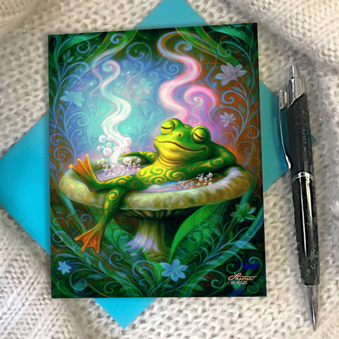 Frog,Art,Hot,Tub,Greeting,Card,,Sir,Sipsalot,Guru,Notecard,by,Primal,Painter,hot tub frog greeting card, Funky Forest artwork, Sir Sipsalot notecard, relaxing frog illustration, playful mystical amphibian, Primal Painter greeting card, psychedelic toad art, magical forest creatures, whimsical spiritual card, funny forest fr