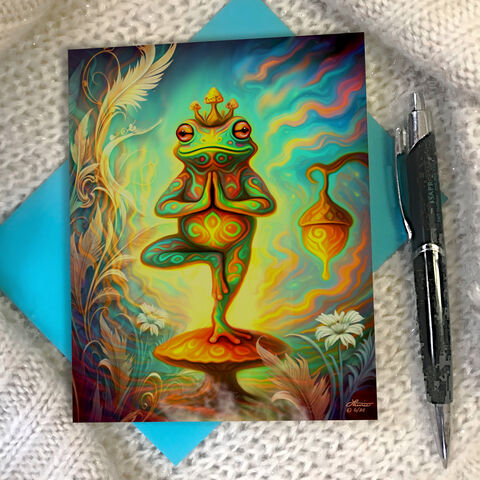 Frog,Yoga,Greeting,Card,,Tree,Pose,Balance,Notecard,,Gift,yoga frog greeting card, Funky Forest artwork, Sir Sipsalot notecard, tree pose frog illustration, playful mystical amphibian, Primal Painter greeting card, psychedelic toad art, magical forest creatures, whimsical spiritual card, funny forest fr
