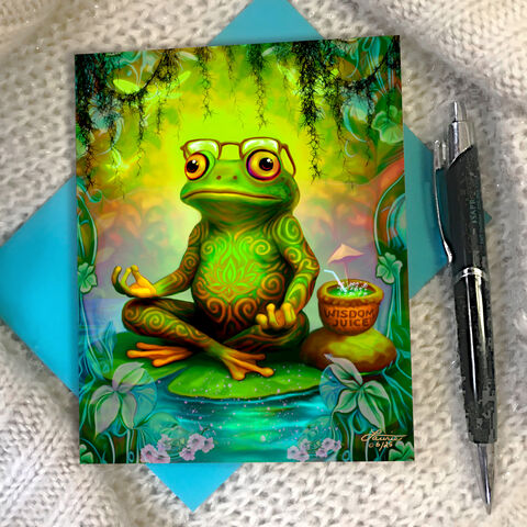 Frog,with,Glasses,Meditation,Greeting,Card,,Funny,Notecard,for,Yoga,Gift,yoga frog greeting card, Funky Forest artwork, Sir Sipsalot notecard, meditation frog illustration, playful mystical amphibian, Primal Painter greeting card, psychedelic toad art, magical forest creatures, whimsical spiritual card, funny forest fr