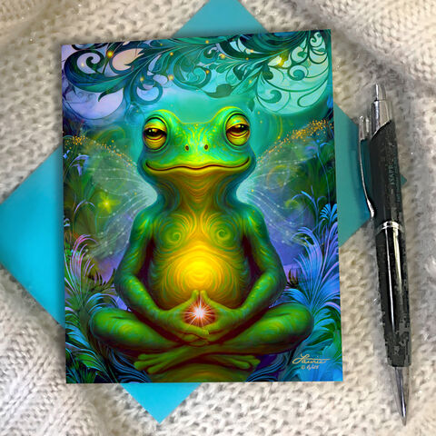 Serene,Frog,Meditation,Greeting,Card,,Gratitude,Notecard,from,the,Funky,Forest,yoga frog greeting card, Funky Forest artwork, Sir Sipsalot notecard, meditation frog illustration, playful mystical amphibian, Primal Painter greeting card, psychedelic toad art, magical forest creatures, whimsical spiritual card, funny forest fr