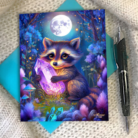 Adorable,Raccoon,Greeting,Card,,Crystal,Lovers,Colorful,Art,Notecard,crystal raccoon greeting card, Funky Forest artwork, Madam Glisten DeWoo notecard, amethyst crystal raccoon illustration, playful mystical bandit, Primal Painter greeting card, psychedelic animal art, magical forest creatures, whimsical spiritual card, fu