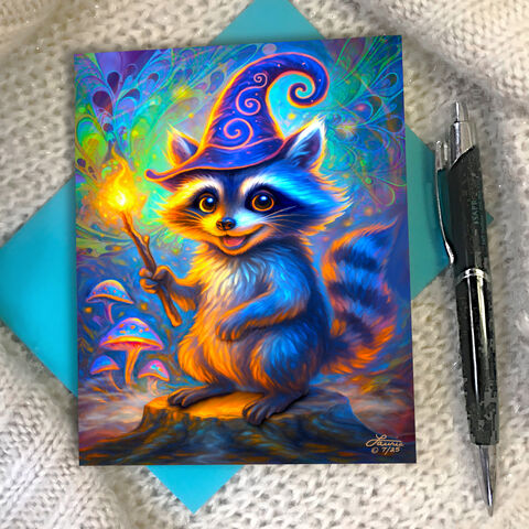 Raccoon,Wizard,Art,Greeting,Card,,Magical,Animal,Notecard,wizard raccoon greeting card, Funky Forest artwork, Hairy Furdini notecard, colorful raccoon illustration, playful mystical bandit, Primal Painter greeting card, psychedelic animal art, magical forest creatures, whimsical spiritual card, fu