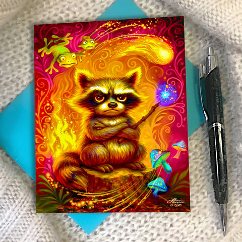 Magical,Misfire,Raccoon,Art,Greeting,Card,,Whimsical,Animal,Notecard,wizard raccoon greeting card, Funky Forest artwork,  Hocus Von Nocus illustrated notecard, colorful raccoon illustration, playful mystical bandit, Primal Painter greeting card, psychedelic animal art, magical forest creatures, whimsical spiritual card, fu